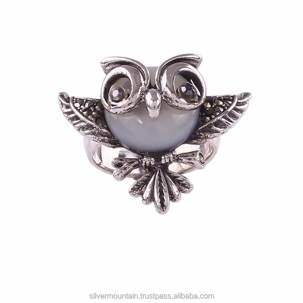 925 sterling silver moon stone owl animal ring