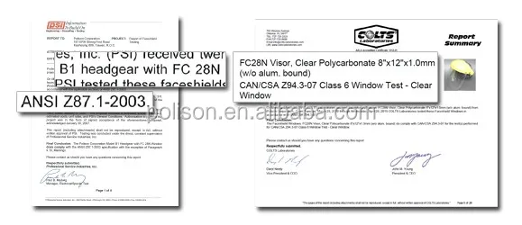 B1+FC28N Face Shield Certifications