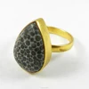 Orasia India Gemstone Jewelry - Black Coral - Pear Cabochon Gemstone - 18k Gold Plated - Bezel Ring - SIRG0860
