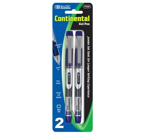 BAZIC Continental Blue Jumbo Ink Tank Needle-Tip Gel Ink Pen w/ Grip (2/Pack)
