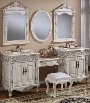 Luxury Modern White Mirror Vanity Cabinets Hand Carved Solid Wood