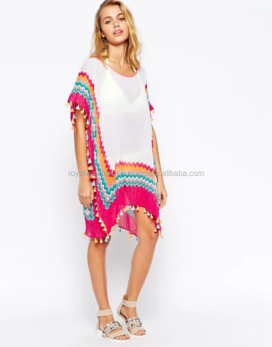 Royals Sleeve Woman Beach Kaftan Cover Ups Pom Pom Bikini Beach Caftan Dress Rebk 134 Buy Multi Wear Beach Dresslovely Beach Flower Girl