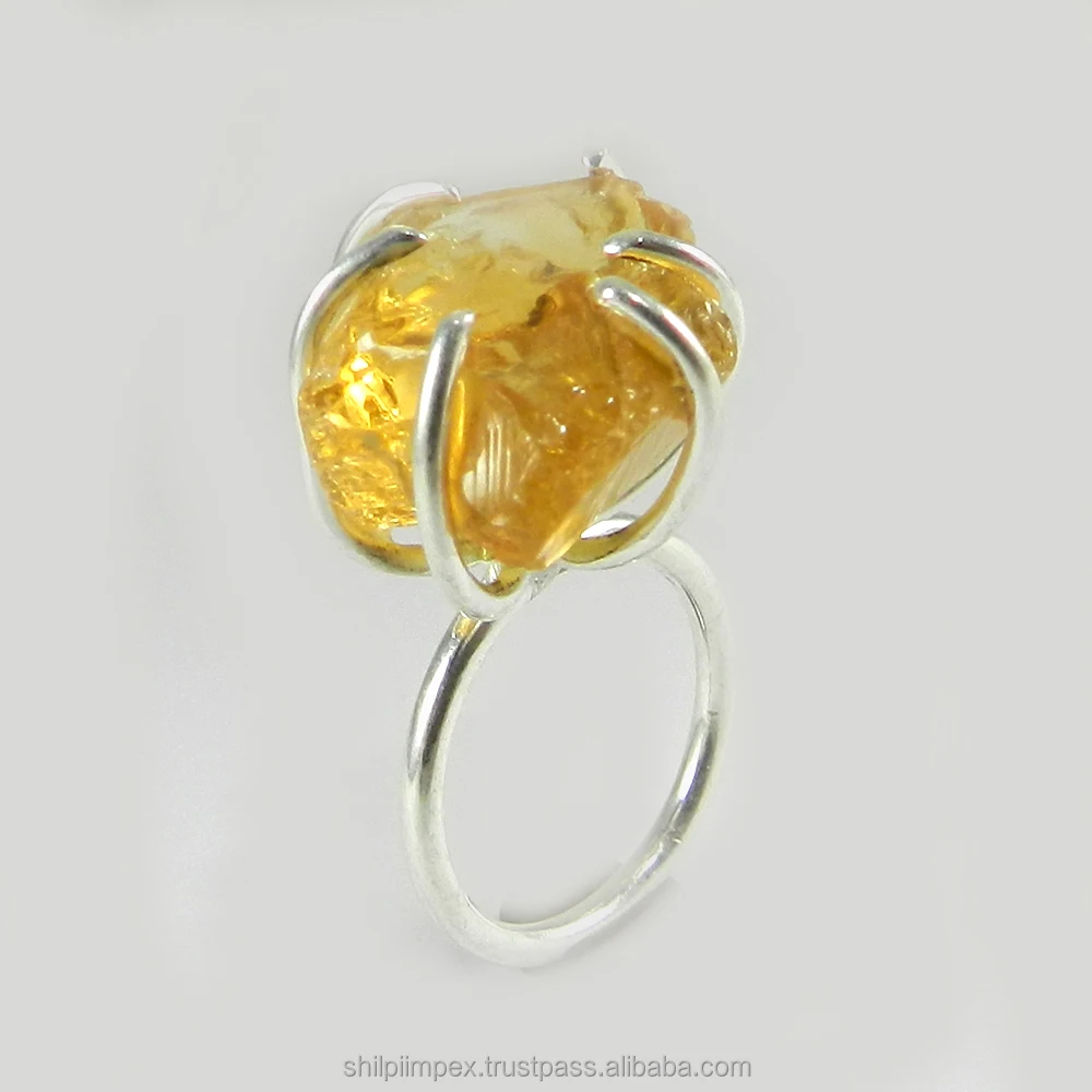 Shilpi Impex Natural Citrine Rough Prong Set 925 Sterling Silver Handmade Ring Jewelry