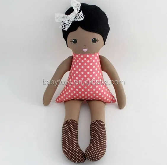 Dark Skinned Cloth Rag Doll Black Hair Pink Dress And Brown Polka Dot
