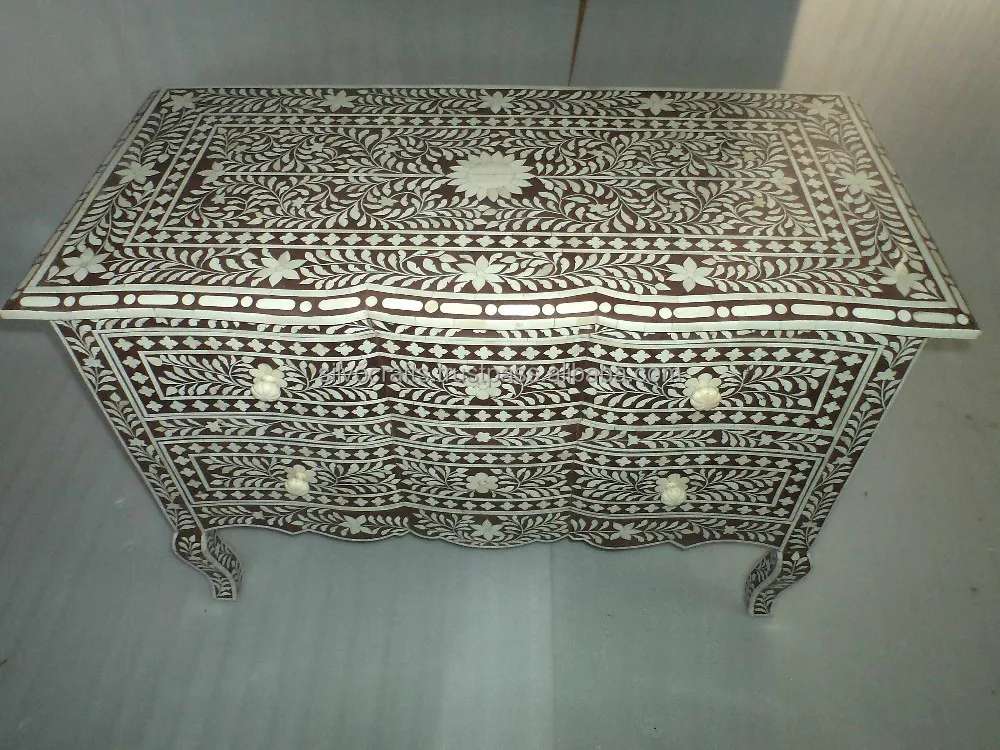 Indian Moroccan Style Camel Bone Inlay Sideboard Drawer Chest