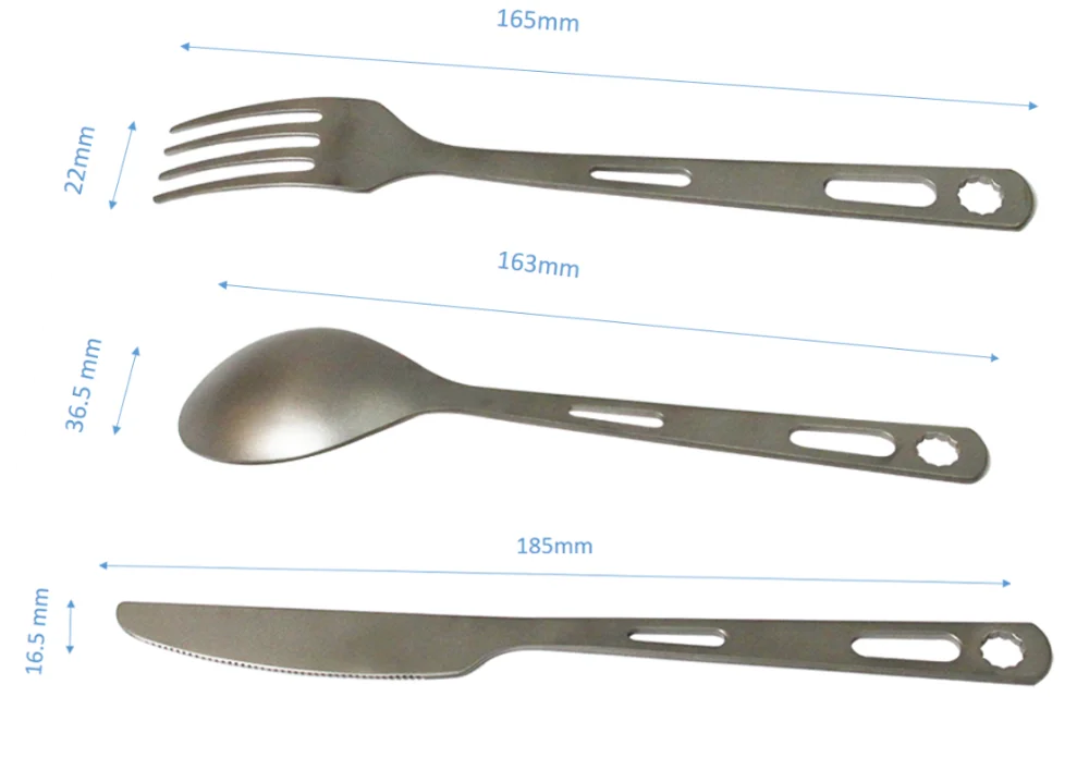 Camping Hiking Lightweight 3 Pcs Titanium Cutlery Set With Copper Hook 