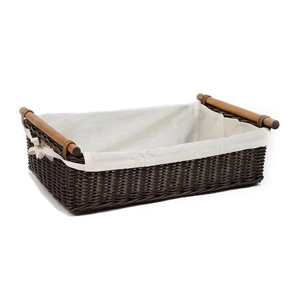 Pole Handle Wicker Storage Basket With Fabric Liner In Antique Walnut