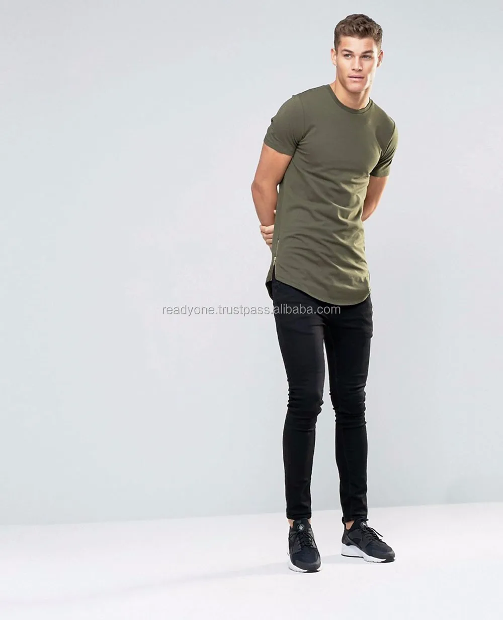 Men Curved Hem 100 Cotton Tshirt Super Long Line Muscle Tshirt With