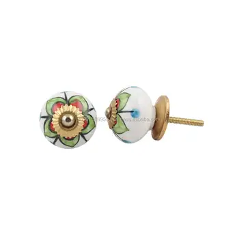 Ceramic Knobs Printed Handmade Clover Flower India Dresser Door