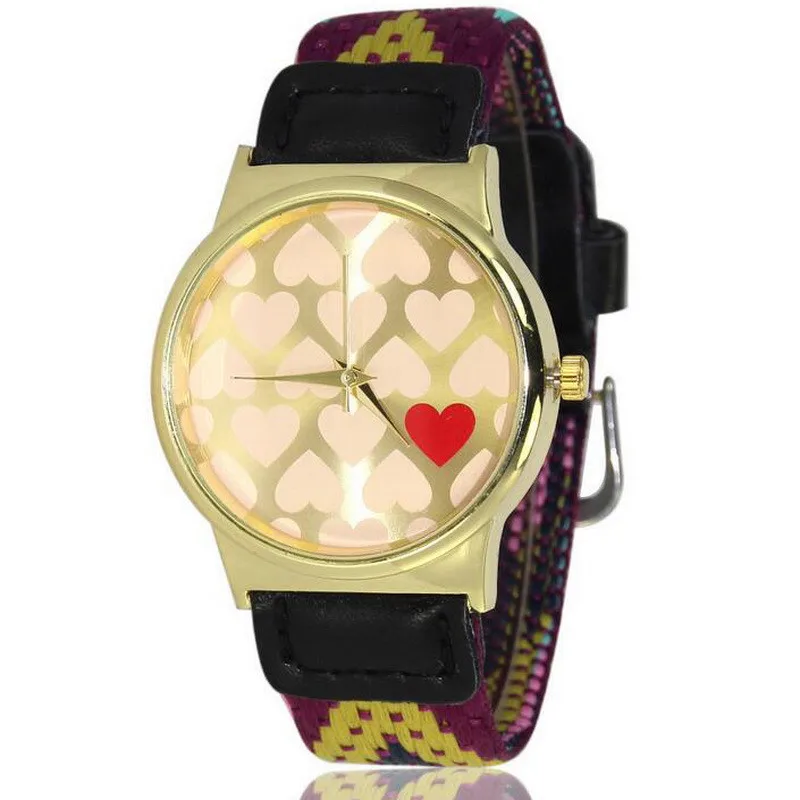 New Design Gold Plated Hearts Dial Colorful Fabric Strap Lady Watch ...