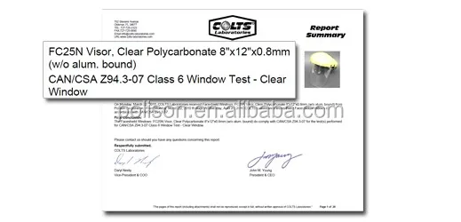 Blue Eagle face Shield Certifications