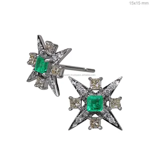 18k White Gold Original Earrings Baguette Diamond Emerald Star Stud Earrings Fine Jewelry