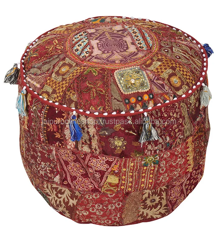 Indian Bohemian Style Ottoman Pouf Interior Decor Footstool Floor Pillow Indian Embroidered Pouf Pouffe Pouffes Patchwork Seat Cover