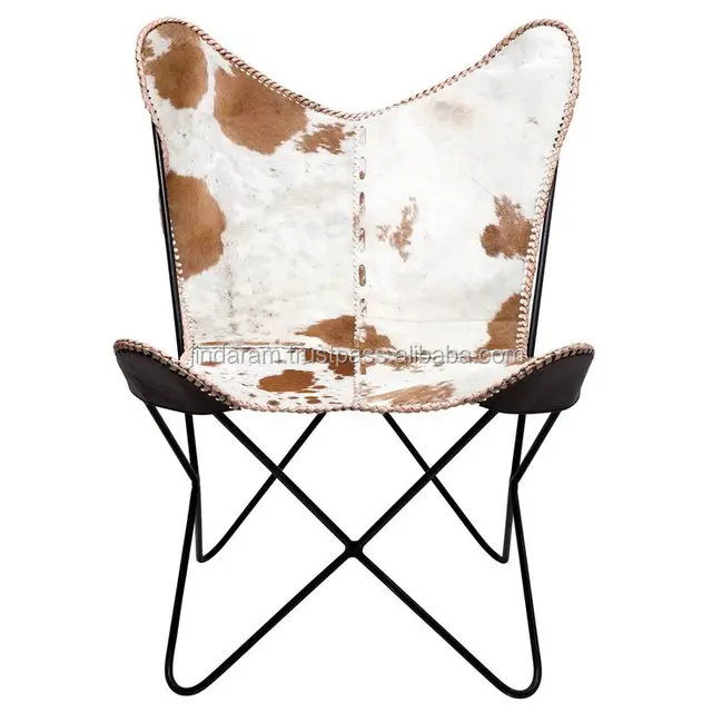 White Jersery Cowhide Leather Butterfly Chair Exotic White Brown