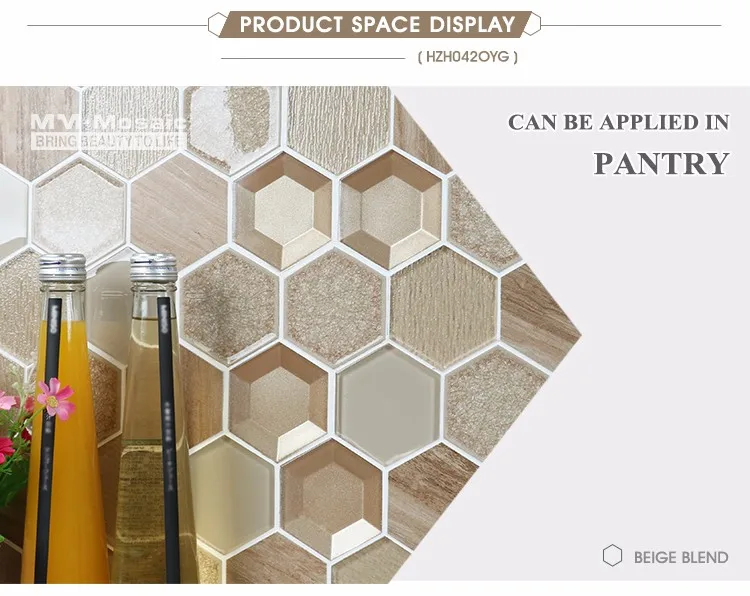 Hexagon beige crackle wooden 3d effect glass mosaic tile interior wall tile