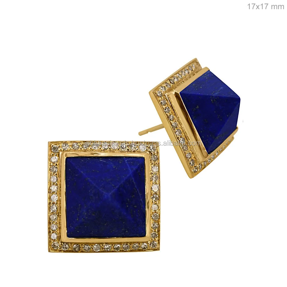 Single Stone 18k Solid Gold Stud Earrings Diamond Lapis Lazuli Single Stone 18k Solid Gold Stud Earrings Diamond Lapis Lazuli Gemstone Square Shaped Pyramid