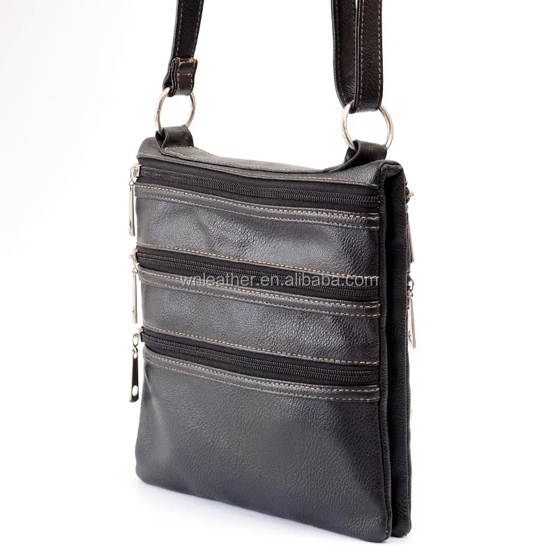 Multi Pockets Leather Shoulder Bag Black Messenger Bag Mens Shoulder ...