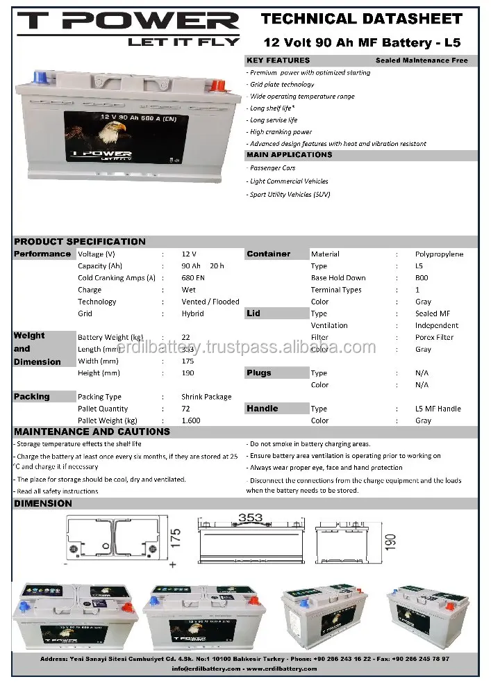 
90 Ah TPower Maintenance Free din type Car Battery L5 