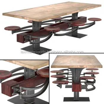 Industrial Wooden Top Dining Table With Attached 6 Swinging Stools Seats Vintage Retro Table Buy Dining Table Cafeteria Tables With Attached