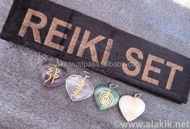 Amethyst Rose Crystal Green Jade Usai Reiki Heart Pendant set with velvet purse : Wholesale Reiki sets Khambhat