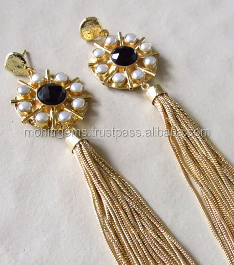 Round Amethyst Cut Pearl Tassel Gold Plated Earring Jewelry Models