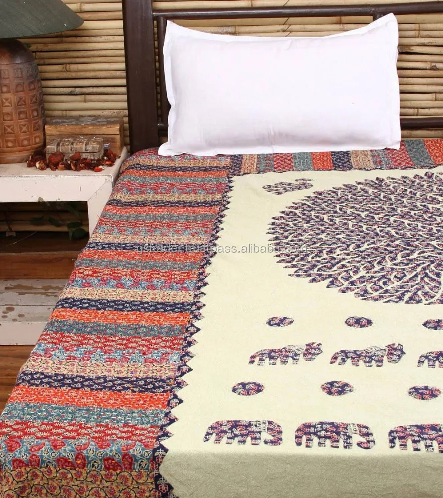 indian multicolour kantha hand embroidered bed sheet bedsheet