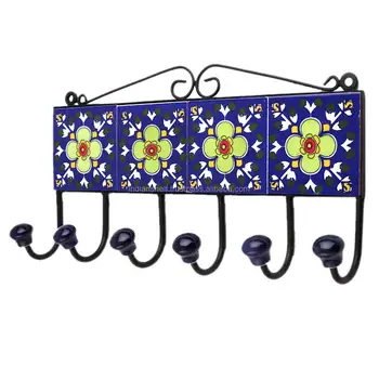 Handmade Ceramic Multicolor Indian Tiles Wall Hooks Hangers Hk