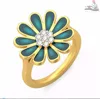 Hot Sale Wholesale Green Enamel 18k Yellow Solid Gold Certified Diamond Floral Ring