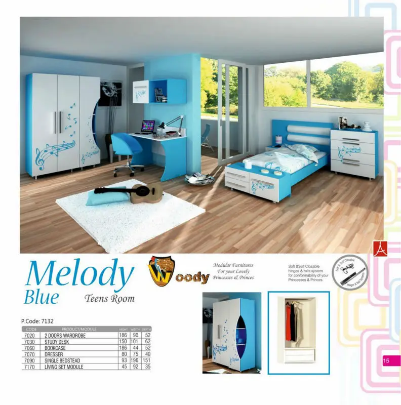 Melody Blue Teenage Bedroom Set With Dresser Wardrobe Nightstand
