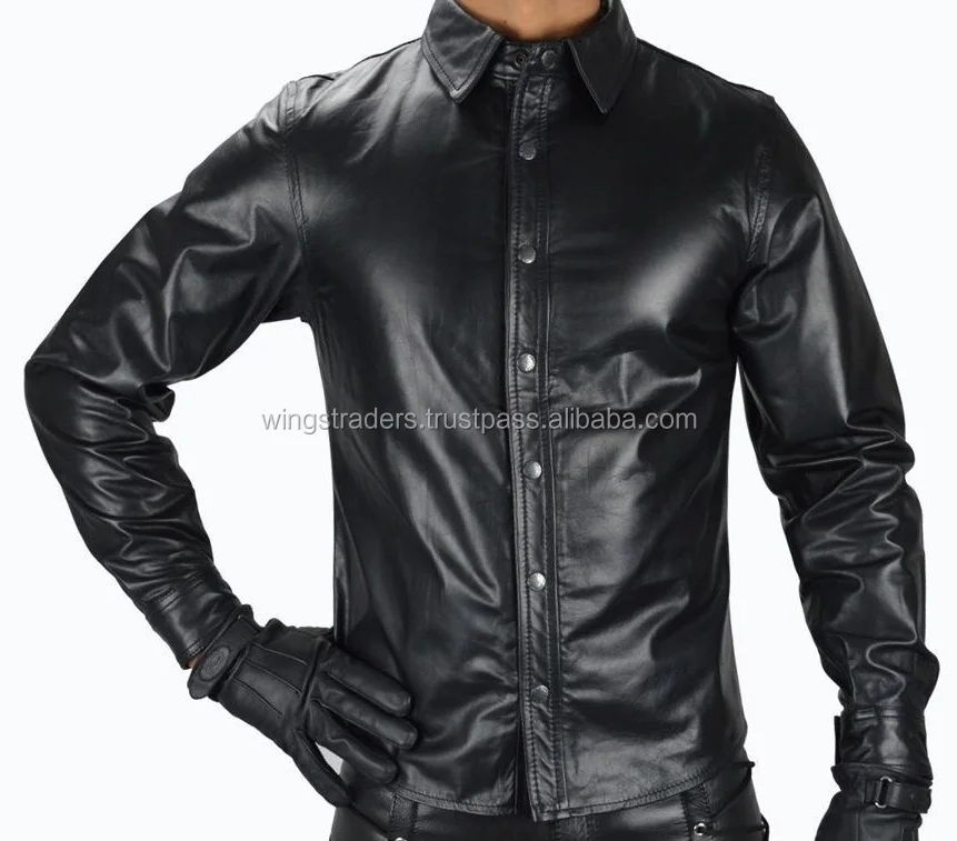 MENS CASUAL POLICE UNIFORM STYLE GENUINE LEATHER SLIM FIT SHIRT VINTAGE NEW