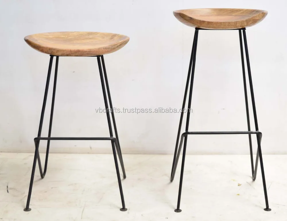 Modern Hair Pin Bar Stool Mango Wood Round Seat Bar Stool Mango Wood Round Seat