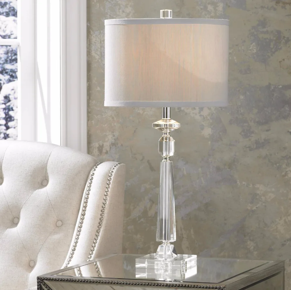 1015-11 tapers upward toward small geometric shapes column-style base sits Modern Crystal Table Lamp
