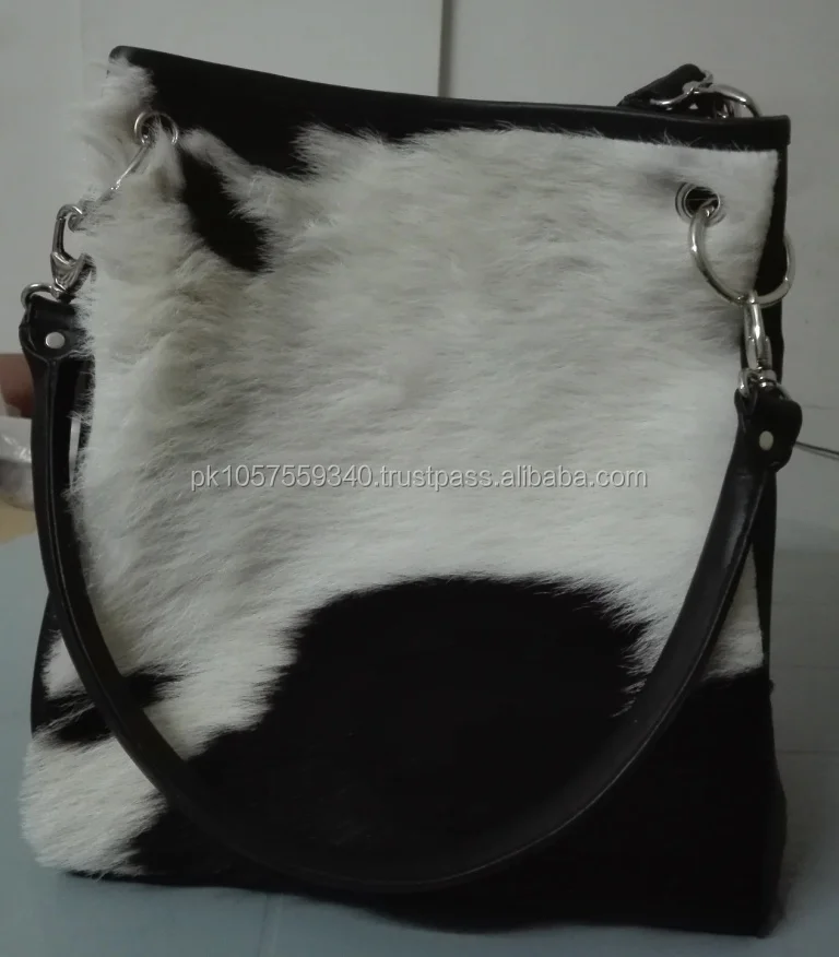 Black White Leather Carry Bags Cow Hide Ladies Purse Cowhide