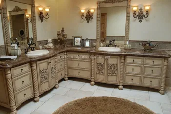 White Wooden Carved Vanity With Marble Top Wooden Carving Marble