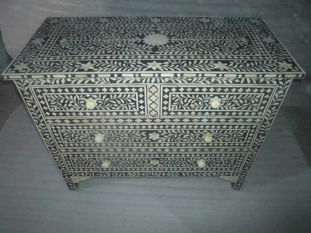 Indian Moroccan Style Camel Bone Inlay Sideboard Drawer Chest