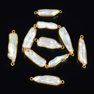 24K Gold Plated White Biwa Pearl Connector Charm ,Gemstone Connector With Gold Plated Jewelry Making Supplies Size-23 To 7 X 31