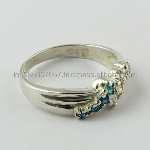 Fashionable Design Blue CZ_White CZ 925 Sterling Silver Ring, 925 Gemstone Silver Jewelry, Exporter And Wholesaler