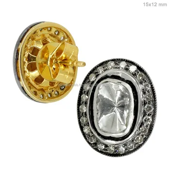 925 Sterling Silver And 14k Gold Uncut Diamond Stud Earrings