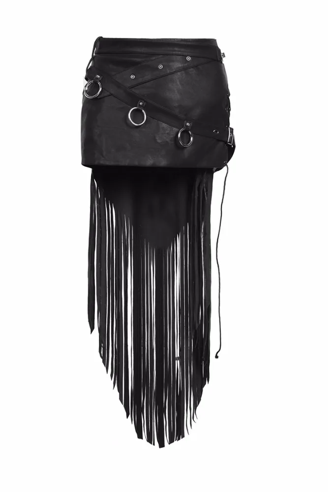 Q-249 Punk Rave gothic black synthetic leather mini fringe skirt