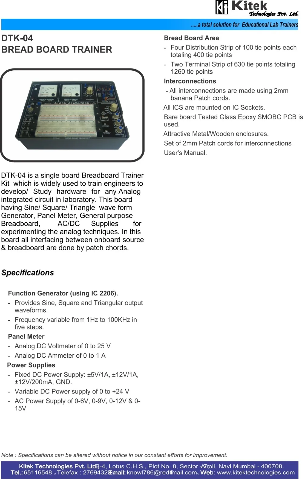 digital ic trainer kit specification