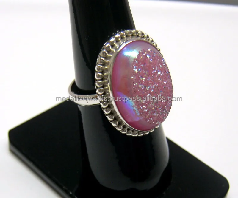 Coated Pink Druzy Oval 925 Solid Sterling Silver Gemstone Oxidised Ring