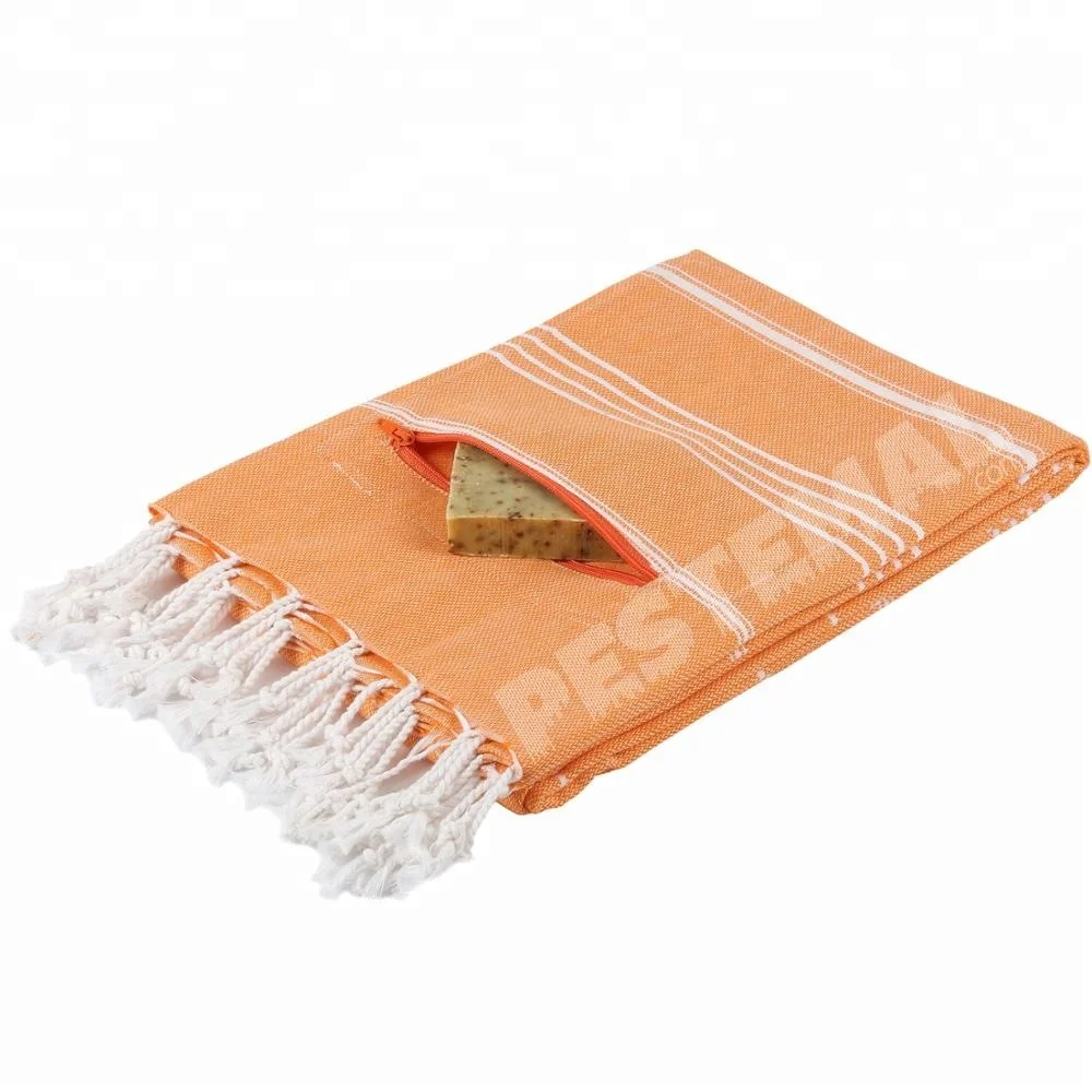 
Multiple Use High Quality Pestemal Beach Bath Towel with Rare Design and Zipper Pocket for Private Items on Poolside %100 Cotton 
