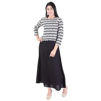 Women Zig Zag Print Top Solid Set Black White Western Dress