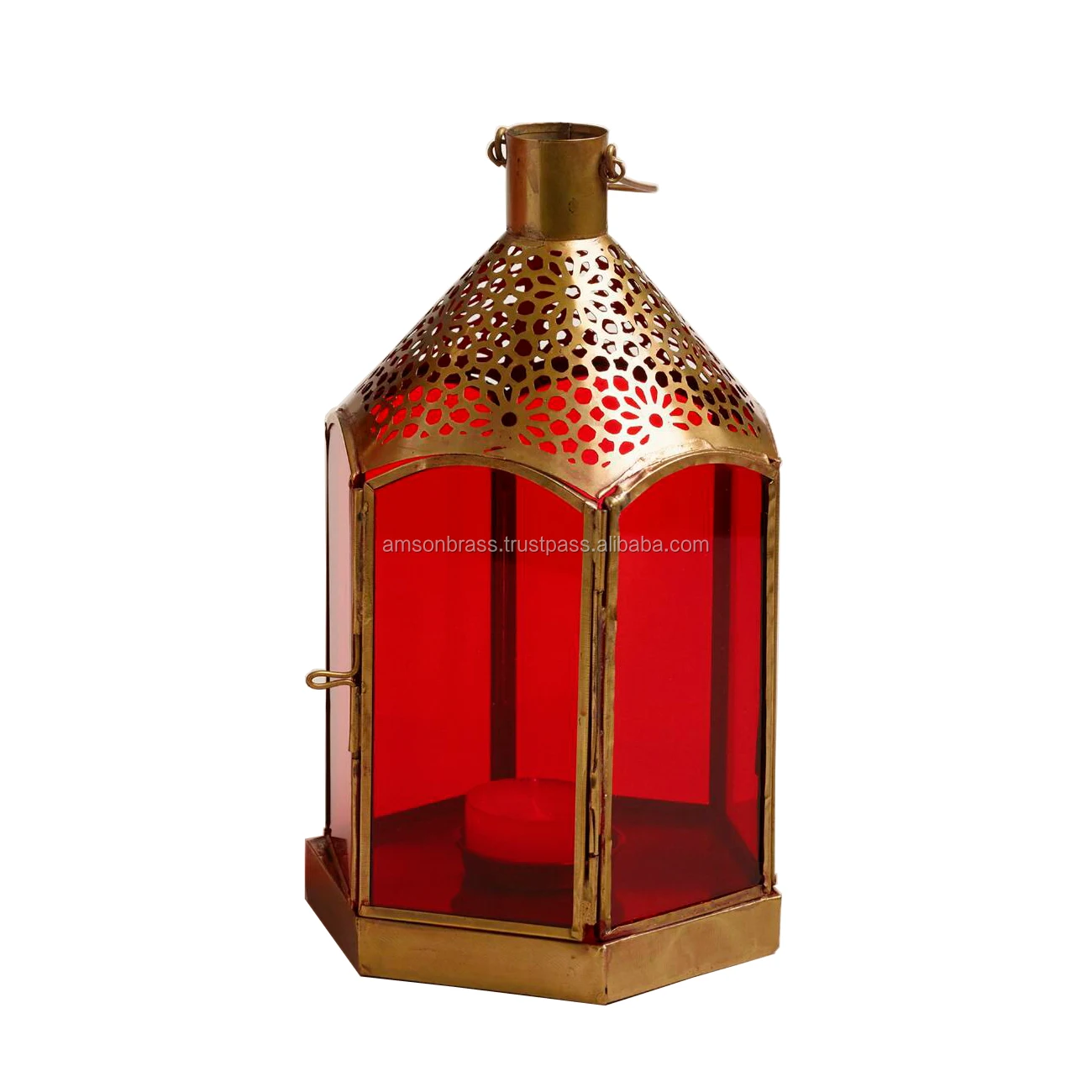 Home Decorative Candle Lantern Red Glass Iron Frame Hanging Candle
