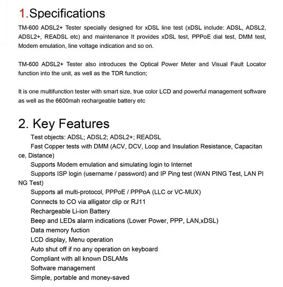 Tester ADSL/ADSL2+/OPM/ VFL/TDR Function/Tone Tracker All-in-1 test TM600 ADSL2 