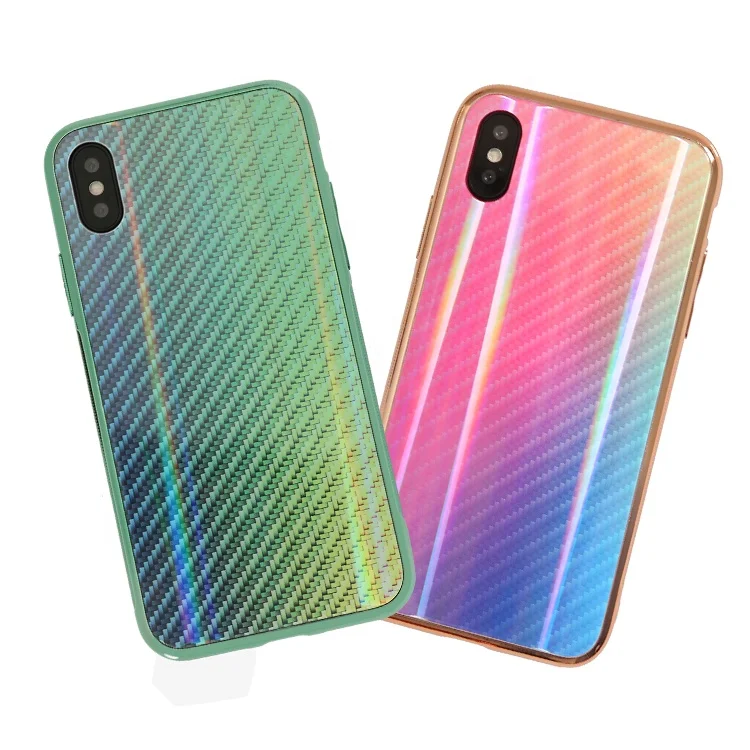 

Custom Logo Aurora Gradient Shockproof Carbon Fiber Tempered Glass Mobile Phone Case for iPhone X XS Max for Samsung Galaxy S10