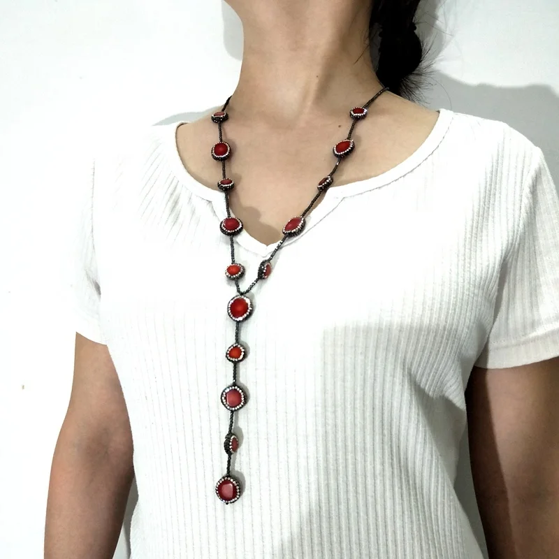 

Bamboo Red Coral Bohemia Handmade Boho Necklaces Long Pave Crystal Tassel Natural Necklace