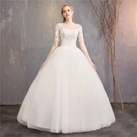 

2019 Cheap Affordable Quality Chinese Wedding Gown 3/4 Sleeve Ivory Lace Flower Floor length Wedding Dress