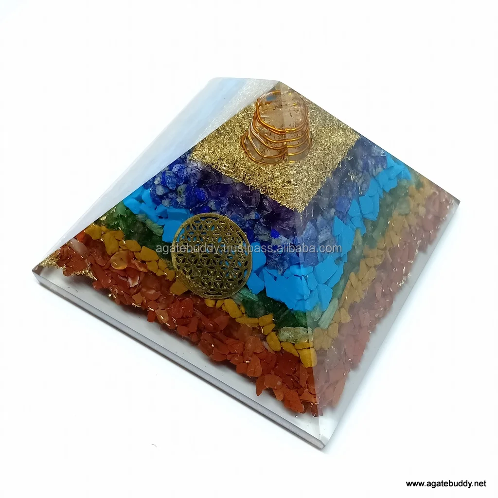 Seven Chakra Orgonite Pyramid with Flower of Life Disc / Orgone Pyramid