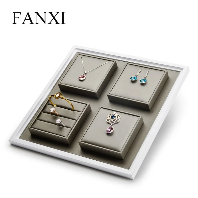 

FANXI New Arrivals PU Leather Jewellery Serving Tray For Ring Necklace Bracelet Exhibition Small Wooden Jewelry Display Tray, Champagne